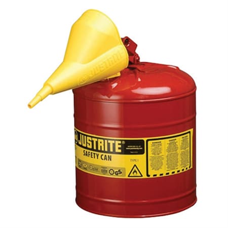 JUSTRITE Red Metal Safety Can, Type 1, Five Gallon, With Yellow Plastic Funnel, for Gasoline 7150110